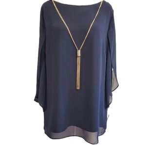 Dressbarn navy blue sheer cape sleeve gold rhinestone necklace tunic top L NWT